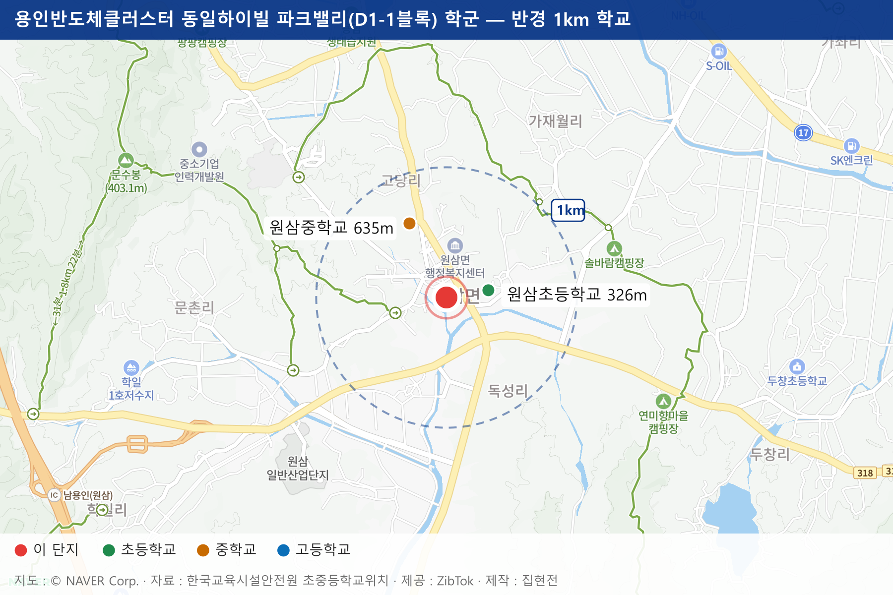 용인반도체클러스터 동일하이빌 파크밸리(D1-1블록) 학군 지도