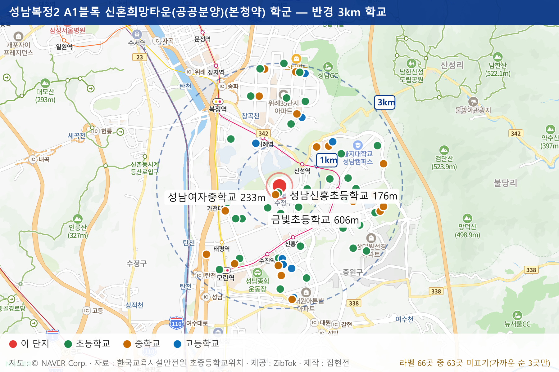 성남복정2 A1블록 신혼희망타운(공공분양)(본청약) 학군 지도