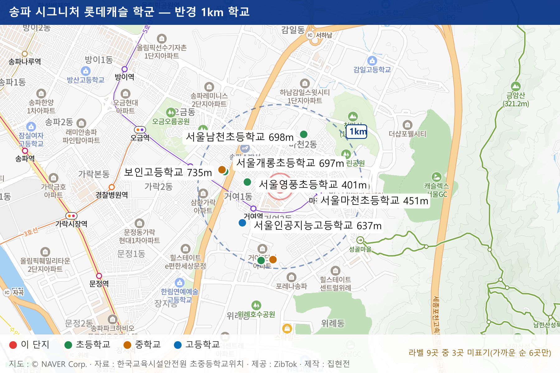 송파 시그니처 롯데캐슬 학군 지도