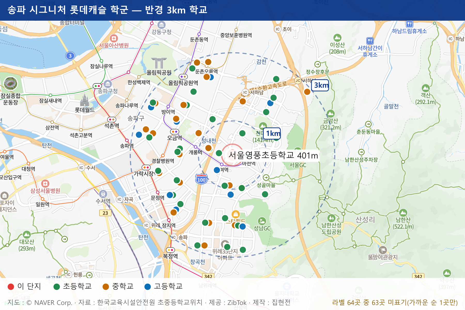 송파 시그니처 롯데캐슬 학군 지도