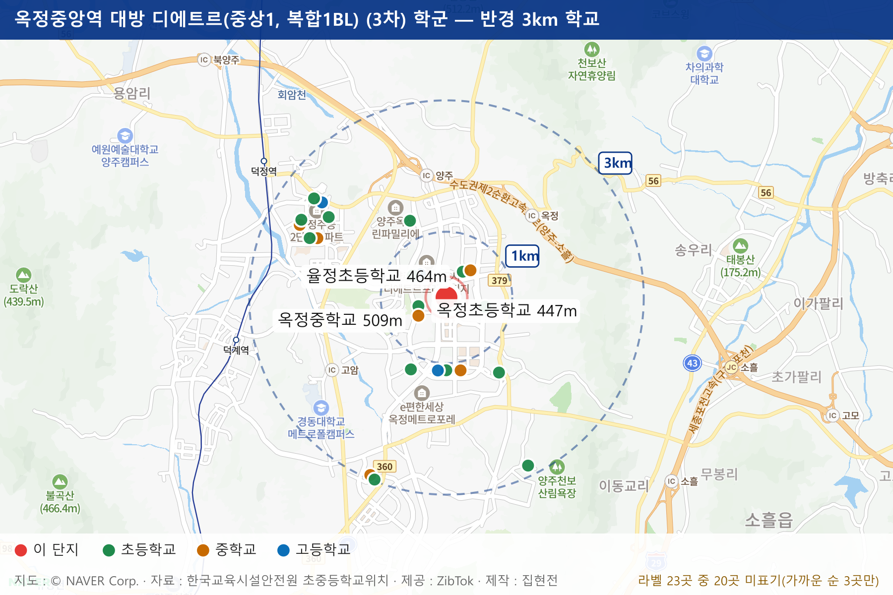 옥정중앙역 대방 디에트르(중상1, 복합1BL) (3차) 학군 지도